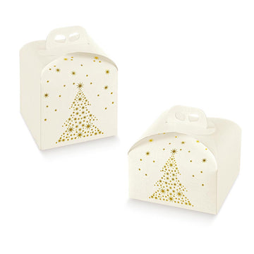 Scatole per panettone alto e panettone basso, bianche con grafiche di albero di natale dorate